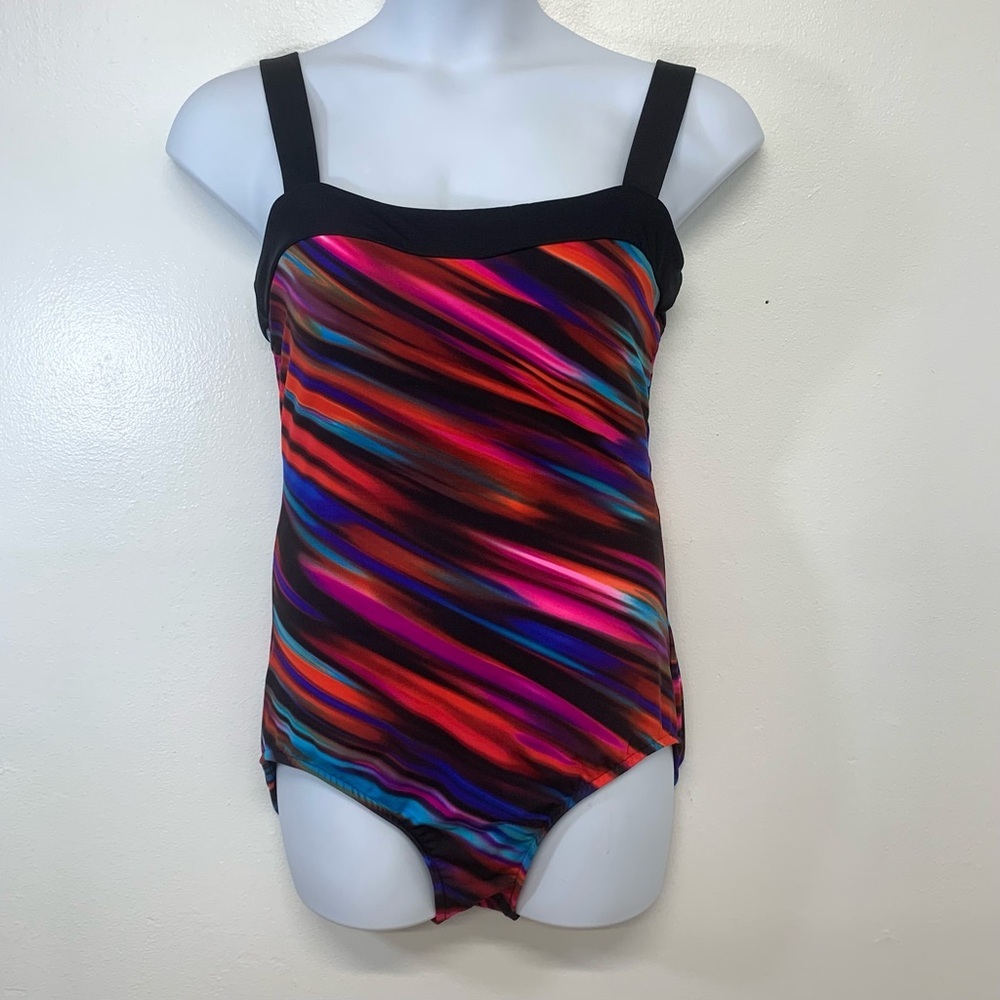Miraclesuit Size 16 Bathing Swim Suit 1 Piece Slimming Rainbow Stripe Stretch